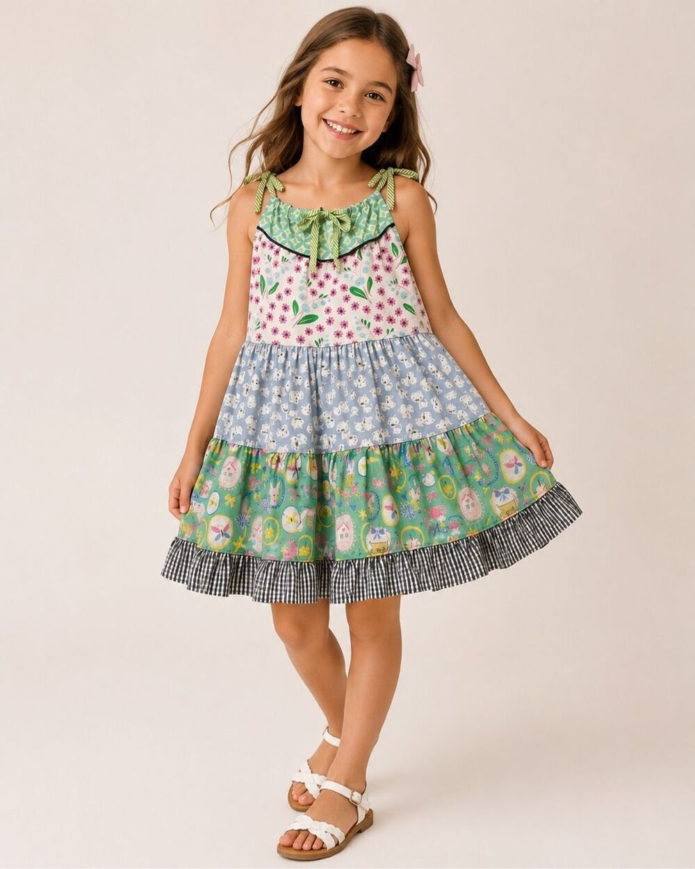 Matilda Jane Girls Tiered Sundress Size 6 Floral Cat Bunny Gingham Ruffle